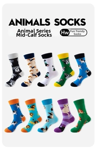 Details von 10 Paar wadenhohen Socken mit bunten Tier-Jacquard-Mustern aus Baumwollmischung