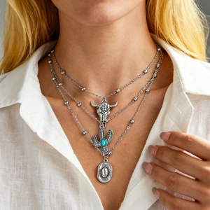 Layered Necklace Alloy Turquoise Stone Bull Head Cactus Cowboy Hat Pendant Bohemian Western Retro Style Jewelry For Women
