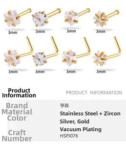 Detailed chart of 3mm heart and star zircon nose studs in gold and silver finishes