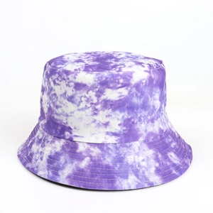 Detail view of double-sided tie-dye bucket hat with purple texture and black lining