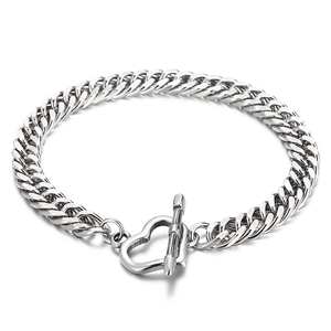8mm silver titanium steel Cuban chain bracelet with heart-shaped OT clasp for men and women