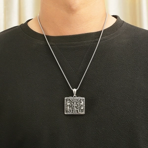 Vintage Egyptian pharaoh square pendant necklace in silver stainless steel on model