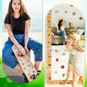 Cozy Christmas cartoon stickers shown on a skateboard and home mirror in lifestyle scenes