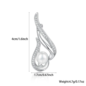 Detail showing dimensions of 925 silver leaf brooch with white pearl and zircon stones