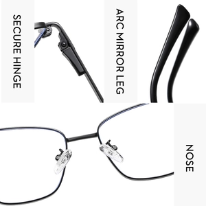 Detailed views of secure hinges, arc legs and nose pads on black metal glasses frames