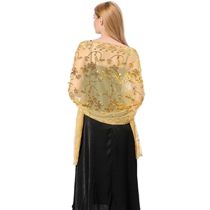 Detailed back view of exquisite gold sequined floral embroidered shawl for wedding and gala