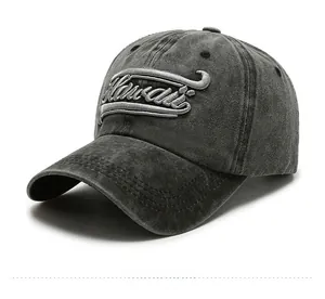 Detail of Aloha State Hawaii 3D embroidery on washed cotton baseball cap brim