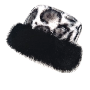 Winter leopard print faux mink fur bucket hat with thick black plush trim for women