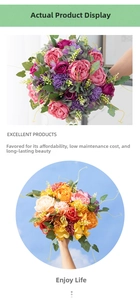 Detail of pink and orange faux bouquet with silk peony, rose, and hydrangea flowers