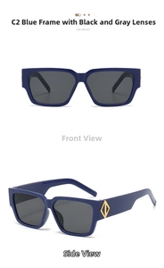 Detail view of square blue frame sunglasses with gold diamond-shaped hinge accents