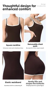 Detail of square neck and removable pads on seamless knit yoga bodysuit with white trim