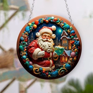 Close-up of 3D embossed Santa Claus and snow house on a festive round acrylic ornament