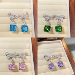 Bowknot Drop Earrings With 925 Sterling Silver Earring Post Square Radiant Cut Colorful Cubic Zirconia Elegant For Women
