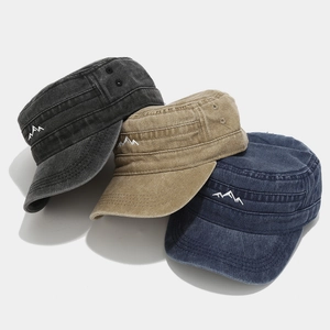 Distressed cotton military cadet caps with mountain embroidery in grey, khaki, and navy blue