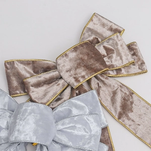 Velvet Christmas bows with metallic edges in champagne gold and light blue colors