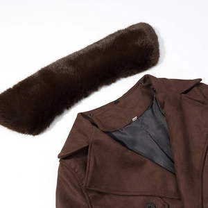 Detail of dark brown faux suede jacket with a detachable plush collar and lapel design