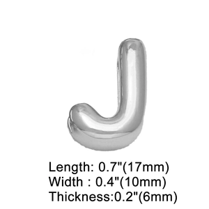 Macro detail of silver alphabet letter J charm measuring 17x10x6mm with polished finish