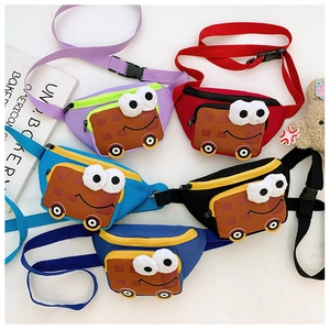Detail showing five colorful cartoon car waist bags with adjustable straps for kids
