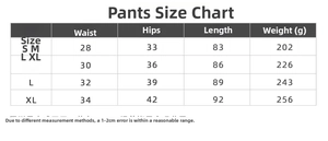 Detailed trousers size chart for seamless yoga leggings showing S-XL measurements