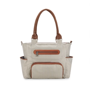 7-piece striped diaper bag set with durable canvas material and brown leather handles