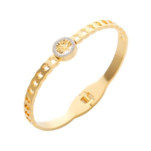 Golden stainless steel tree of life open bangle with hollow hearts and crystal rhinestones