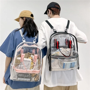 Pair of large capacity transparent PVC backpacks in white and black trim for students