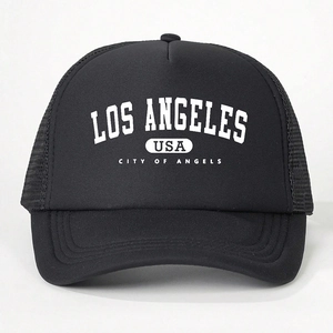 Detailed view of the breathable mesh back and Los Angeles print on a black trucker hat
