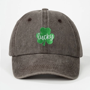 Vintage dark grey washed cotton baseball cap with green lucky clover embroidery