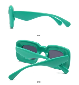 Detail view of mint green futuristic sunglasses showing side and back frame structure