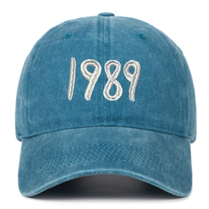 Vintage washed cotton baseball cap in lake blue with white 1989 embroidery for outdoors