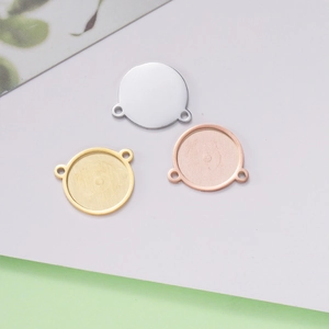 Polished 15mm circular stainless steel pendant bases in silver, gold, and rose gold finishes