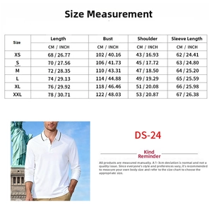 Detailed size chart for men's long sleeve polo shirt showing length and chest measurements