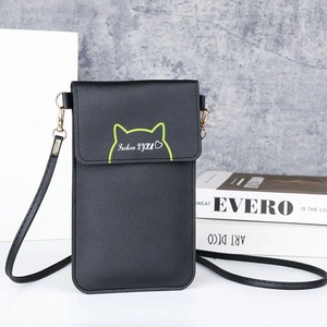 Black crossbody phone bag for women with green cat ear pattern and strap