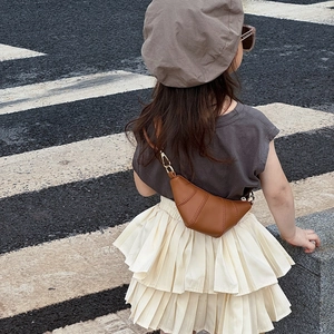 Fashionable brown leather croissant shaped crossbody chest bag for children stylish kids bag