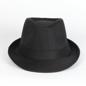 Detailed view of the structured black felt fedora with a matching grosgrain ribbon band