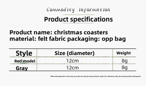 Detailed size specifications for red and grey felt Christmas coasters with 12cm diameter