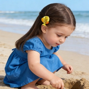Charming detail of a little girl at the beach wearing a yellow fish hair clip and blue dress
