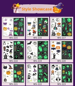 Detailed grid of Halloween luminous tattoo stickers featuring neon pumpkin and ghost designs