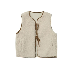 Women's fleece vest with bow tie closure and brown trim accents on white background