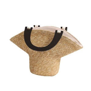 Borsa da spiaggia in paglia con manici a U in legno nero e trama intrecciata