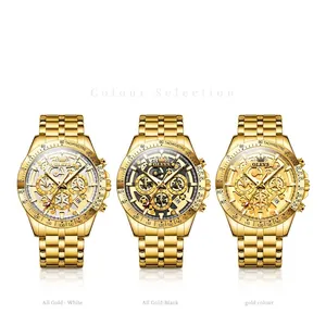 Three OLEVS luxury men's chronographs in gold stainless steel with multi-dial display