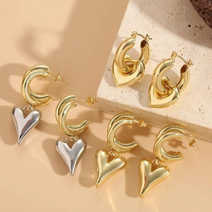 Copper Heart Shape Hoop Earrings With Silver Earring Post Polished Minimalist Elegant Jewelry For Women Accessories