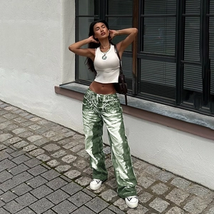 Women's green marble print high-waisted wide-leg pants in casual street style design