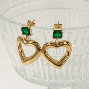 Gold plated stainless steel heart drop earrings with green square zircon stone detail