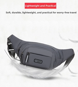 Macro view of lightweight gray waterproof waist bag with reflective strip and R SPORT logo