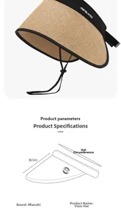 Detail view of foldable straw sun hat showing wide brim, UPF 50+ label, and chin strap