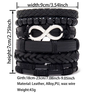 Detail of stacked men's multi-layer bracelets featuring black braided leather and infinity charm