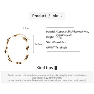 Detailed size chart for layered brown beaded necklace with faux tiger eye and pearls
