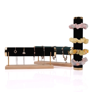 Velvet jewelry display stand for watches and bracelets with solid wood base and metal rod