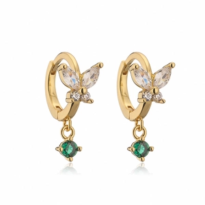 Elegant gold butterfly hoop earrings with sparkling marquise stones and emerald green pendants